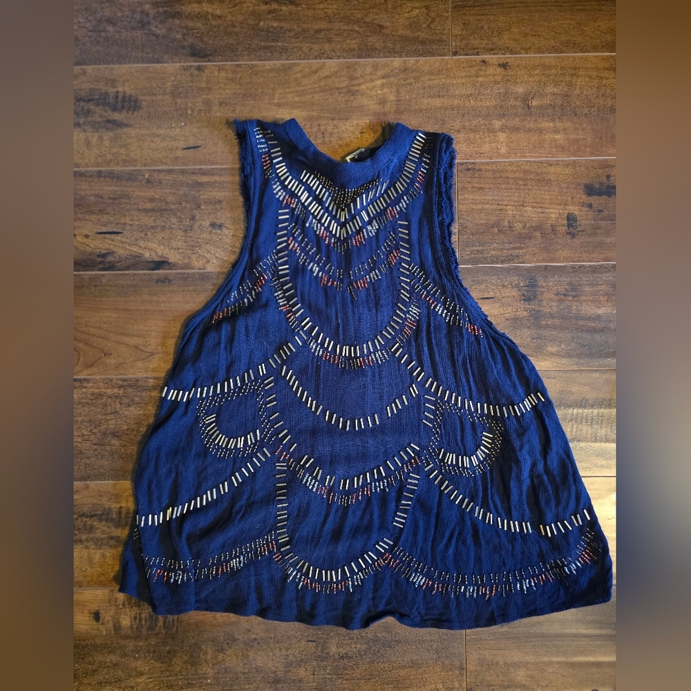 BOGO Free People Embroidered Navy Sleeveless Open Back Top